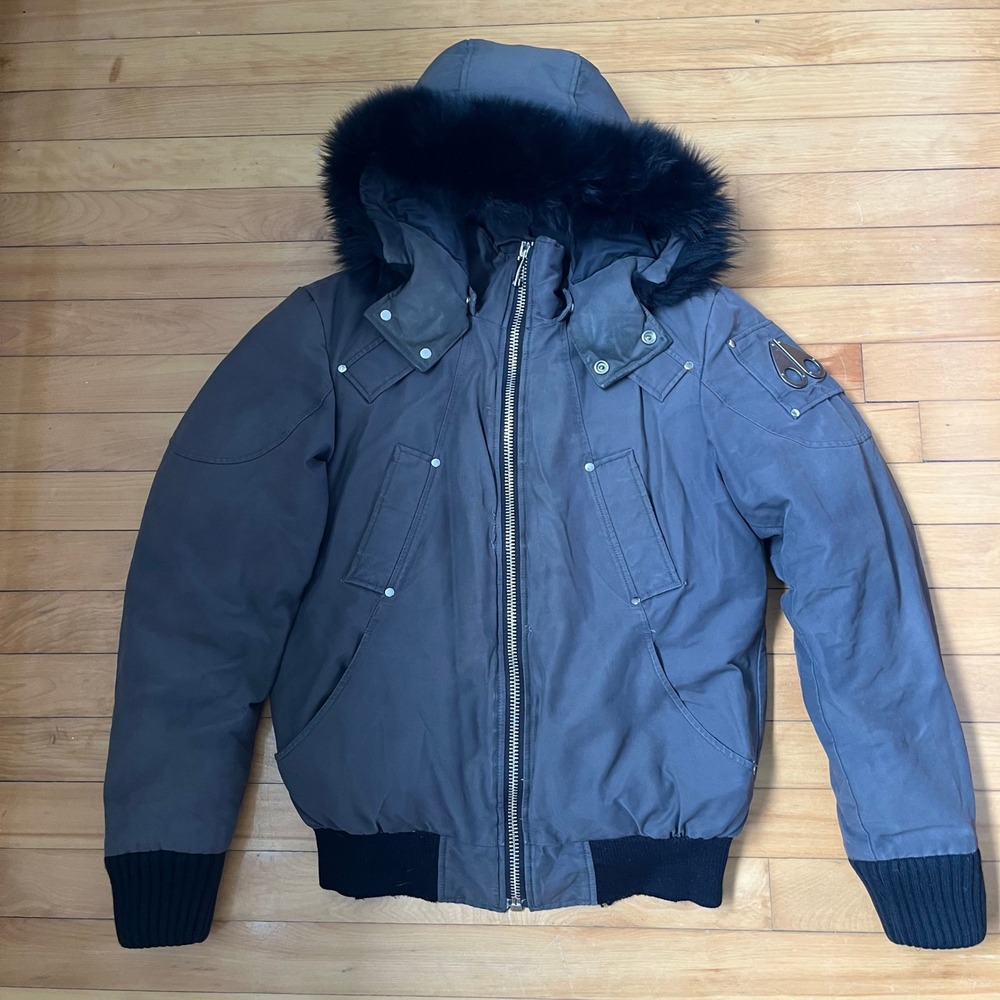 Moose Knuckles Mens Bomber Jacket Charcoal Grey Down Filled Fur Hood Canada
